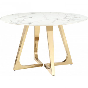 Esstisch rund Marmoroptik, Tisch Gold-Gestell, runder Esstisch Gold Marmor Tischplatte,  Durchmesser 130 cm