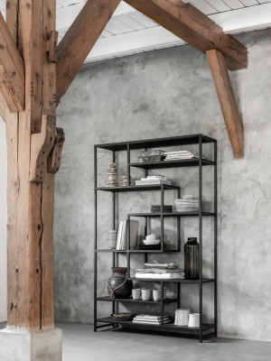 Regal schwarz Industriedesign, Bücherregal schwarz Metall Holz, Metallregal schwarz Industrie,  Breite 120 cm