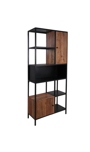 Bücherschrank schwarz Metall Holz, Regal schwarz, Metallregal Naturholz-braun, Regal schwarz, Breite 80 cm