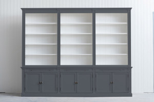 Bücherschrank grau , Bücherschrank Landhausstil grau, Schrank grau Landhaus, Bücherschrank mit Schiebetüren und Schubladen, Breite 300 cm