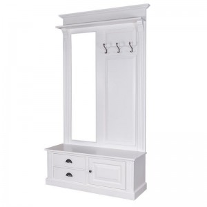 Garderobe weiß Spiegel, Sitzbank, 2 Schubladen, Garderobenschrank Massivholz im Landhausstil weiß, Breite 120 cm