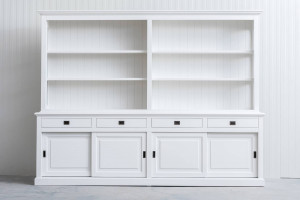 Bücherschrank weiß , Bücherschrank Landhausstil, Schrank weiß Landhaus, Bücherschrank mit Schiebetüren in vier Farben, Breite 300 cm