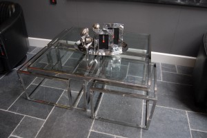 5er Set, Couchtisch Silber Metall Glas, Couchtisch quadratisch verchromt, Tisch Glas Metall