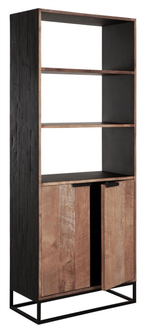 Bücherregal schwarz-Naturholz, Schrank-Regal schwarz, Schrank mit zwei Türen schwarz, Breite 80 cm