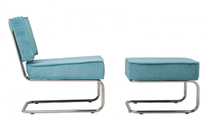 Design Sessel mit/ohne Hocker, Metall, Cord, hellblau, chrom